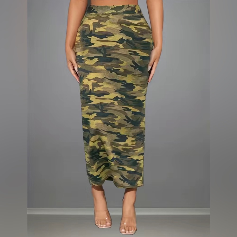 Camo High Waist Casual Midi Slim Skirt